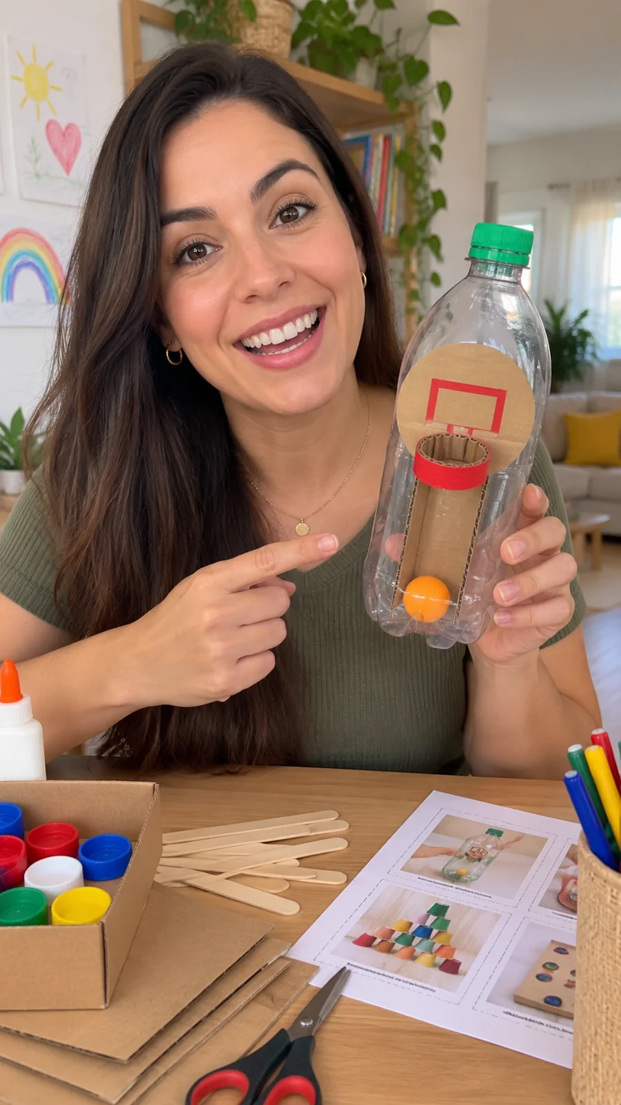 Mulher apresentando um brinquedo artesanal feito com materiais reutilizáveis
